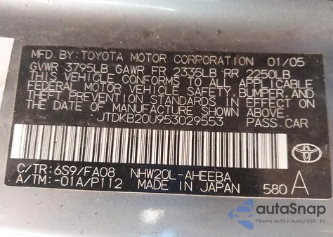 2005 Toyota Prius z USA, uszkodzony, nr VIN JTDKB20U953029553